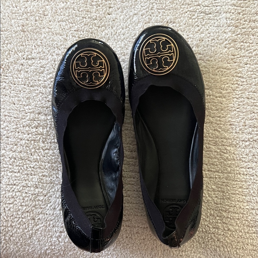 Tory Burch Black Patent Leather Flats with Gold Logo